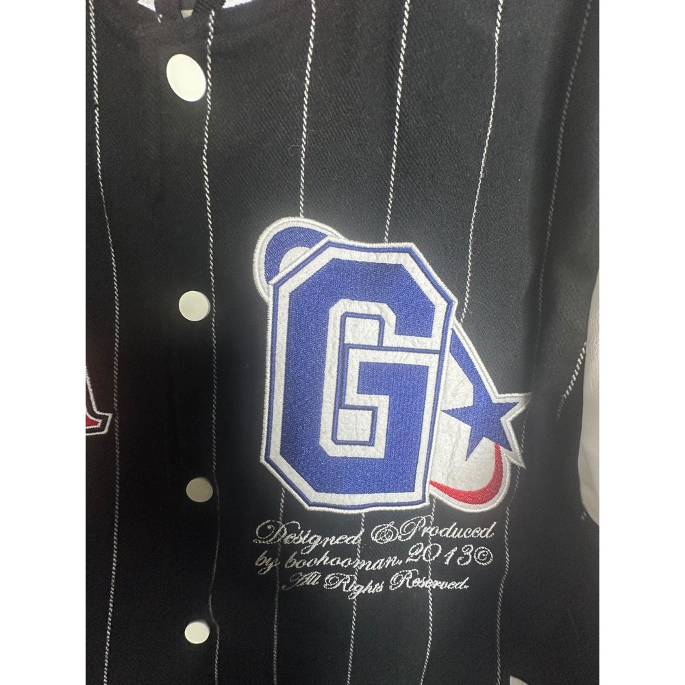 boohooMAN Mens Black Pinstripe Varsity Jacket Star Patch Faux Leather Sleeves M - Picture 4 of 12